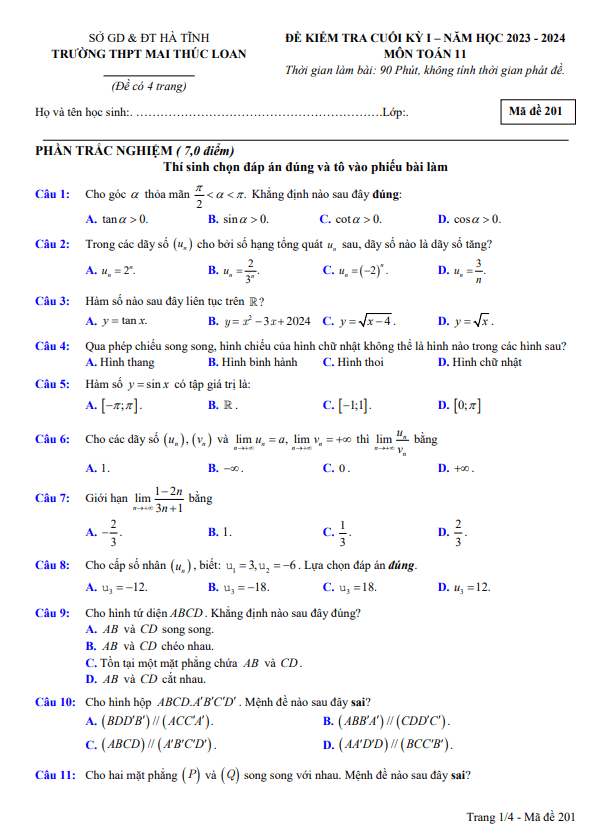 Đề cuối kỳ 1 Toán 11 năm 2023 – 2024 trường THPT Mai Thúc Loan – Hà Tĩnh