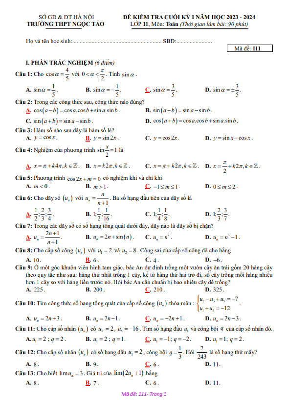 Đề cuối kỳ 1 Toán 11 năm 2023 – 2024 trường THPT Ngọc Tảo – Hà Nội