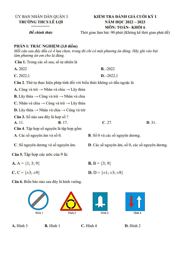 Đề cuối kỳ 1 Toán 6 năm 2022 – 2023 trường THCS Lê Lợi – TP HCM
