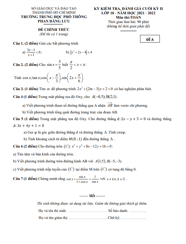 Đề cuối kỳ 2 Toán 10 năm 2021 – 2022 trường THPT Phan Đăng Lưu – TP HCM