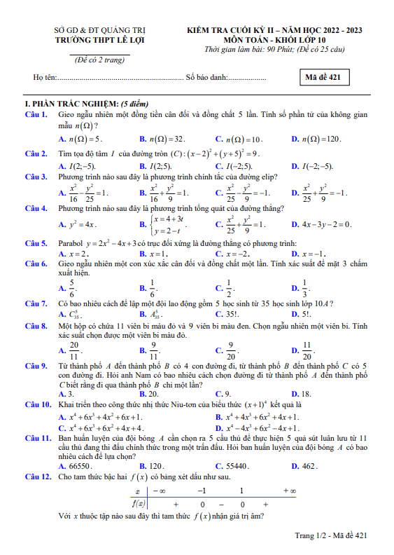 Đề cuối kỳ 2 Toán 10 năm 2022 – 2023 trường THPT Lê Lợi – Quảng Trị