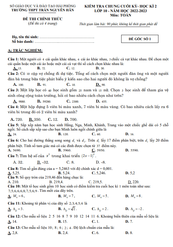 Đề cuối kỳ 2 Toán 10 năm 2022 – 2023 trường THPT Trần Nguyên Hãn – Hải Phòng