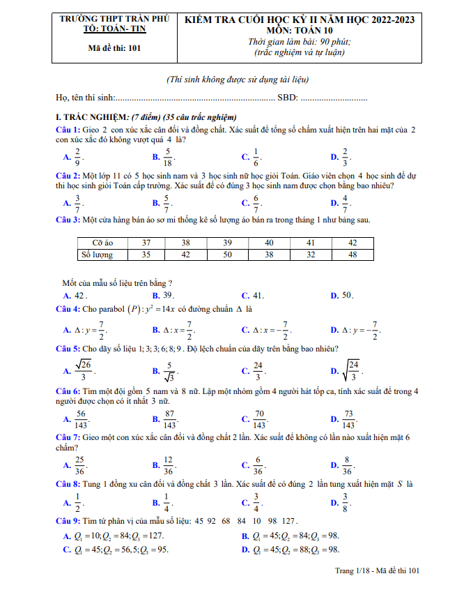 Đề cuối kỳ 2 Toán 10 năm 2022 – 2023 trường THPT Trần Phú – Phú Yên