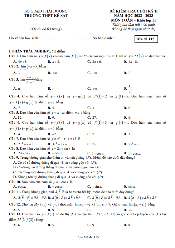 Đề cuối kỳ 2 Toán 11 năm 2022 – 2023 trường THPT Kẻ Sặt – Hải Dương