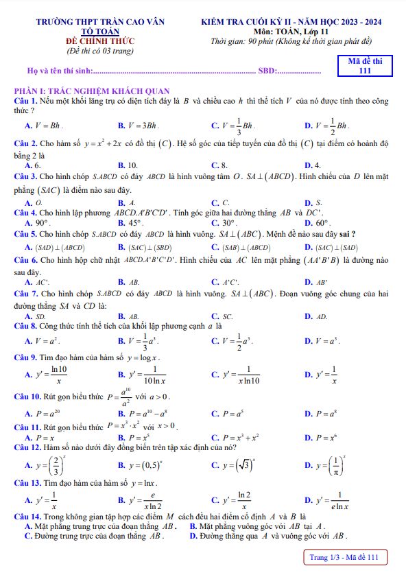 Đề cuối kỳ 2 Toán 11 năm 2023 – 2024 trường THPT Trần Cao Vân – Gia Lai