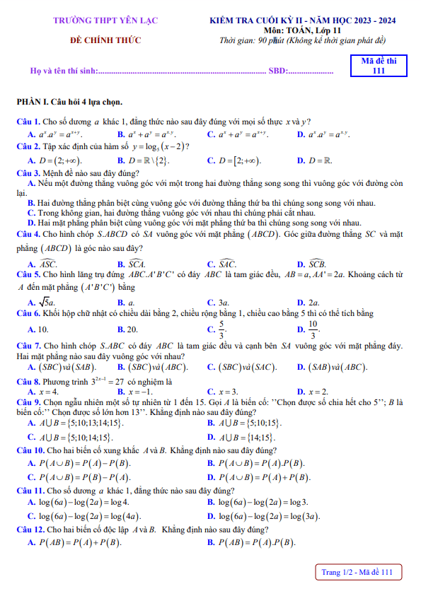 Đề cuối kỳ 2 Toán 11 năm 2023 – 2024 trường THPT Yên Lạc – Vĩnh Phúc