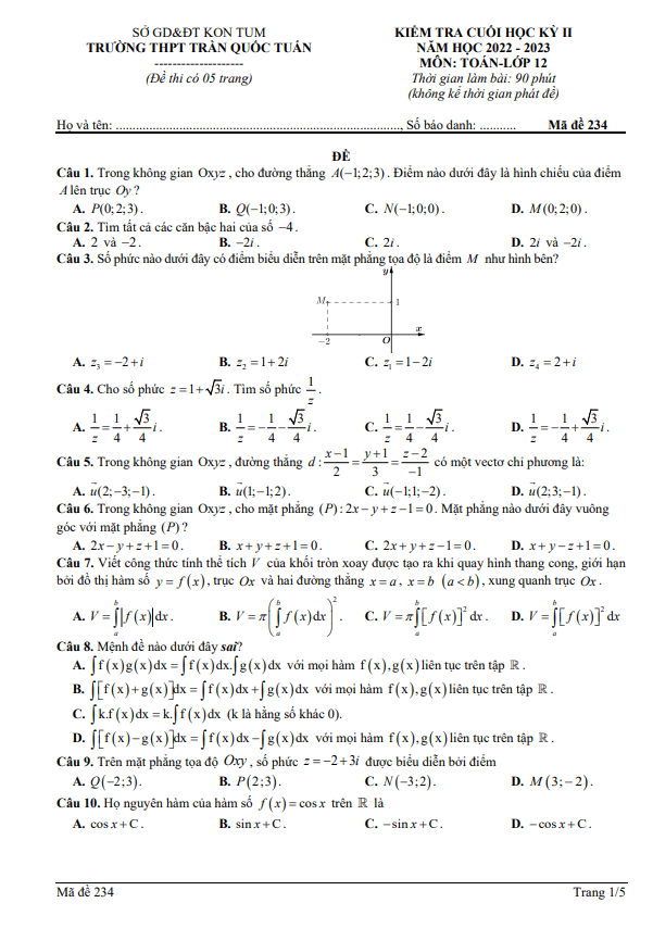 Đề cuối kỳ 2 Toán 12 năm 2022 – 2023 trường THPT Trần Quốc Tuấn – Kon Tum
