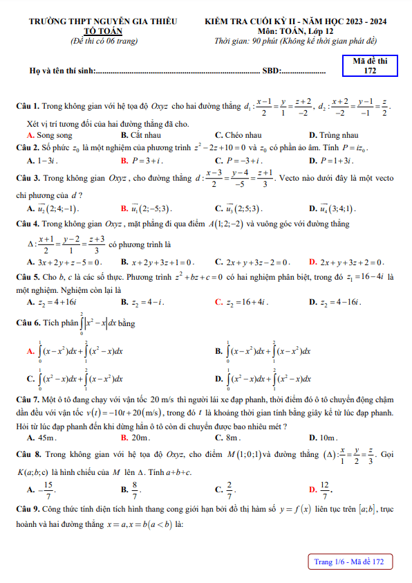 Đề cuối kỳ 2 Toán 12 năm 2023 – 2024 trường THPT Nguyễn Gia Thiều – Hà Nội