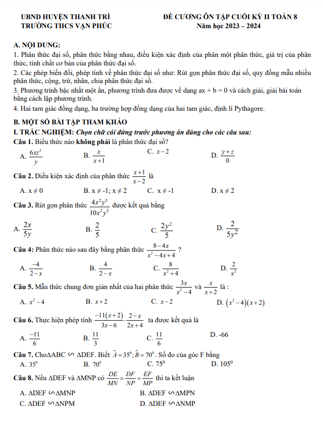 Đề cương cuối học kì 2 Toán 8 năm 2023 – 2024 trường THCS Vạn Phúc – Hà Nội