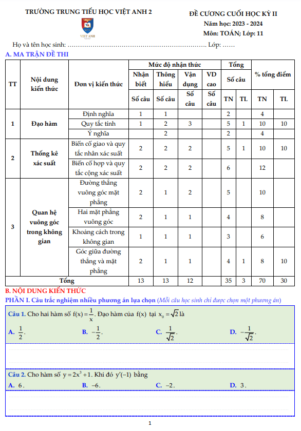 Đề cương cuối học kỳ 2 Toán 11 năm 2023 – 2024 trường Việt Anh 2 – Bình Dương