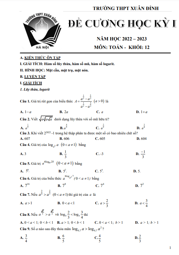 Đề cương cuối kỳ 1 Toán 12 năm 2022 – 2023 trường THPT Xuân Đỉnh – Hà Nội