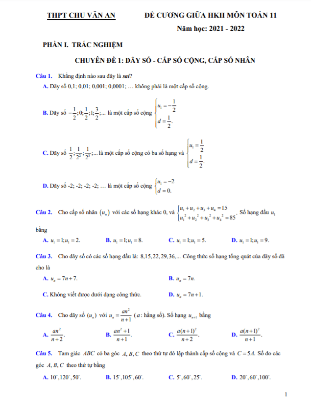 Đề cương giữa HK2 Toán 11 năm 2021 – 2022 trường THPT Chu Văn An – Hà Nội