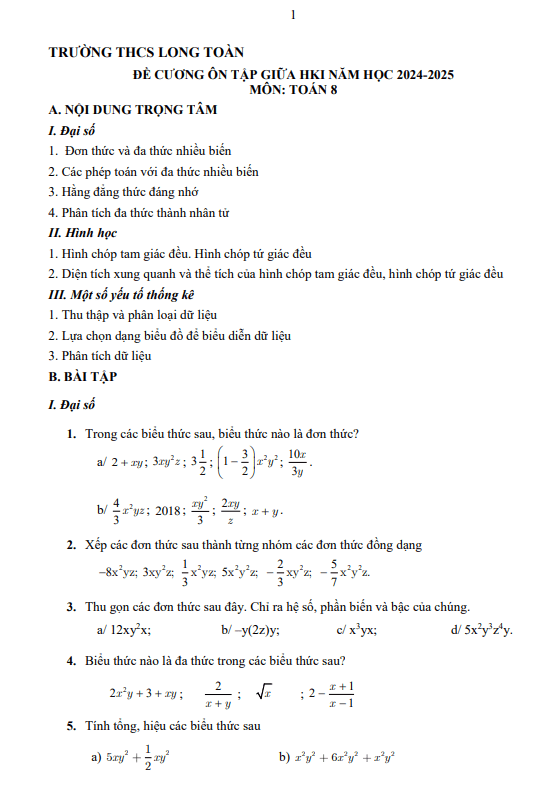 Đề cương giữa học kì 1 Toán 8 năm 2024 – 2025 trường THCS Long Toàn – BR VT