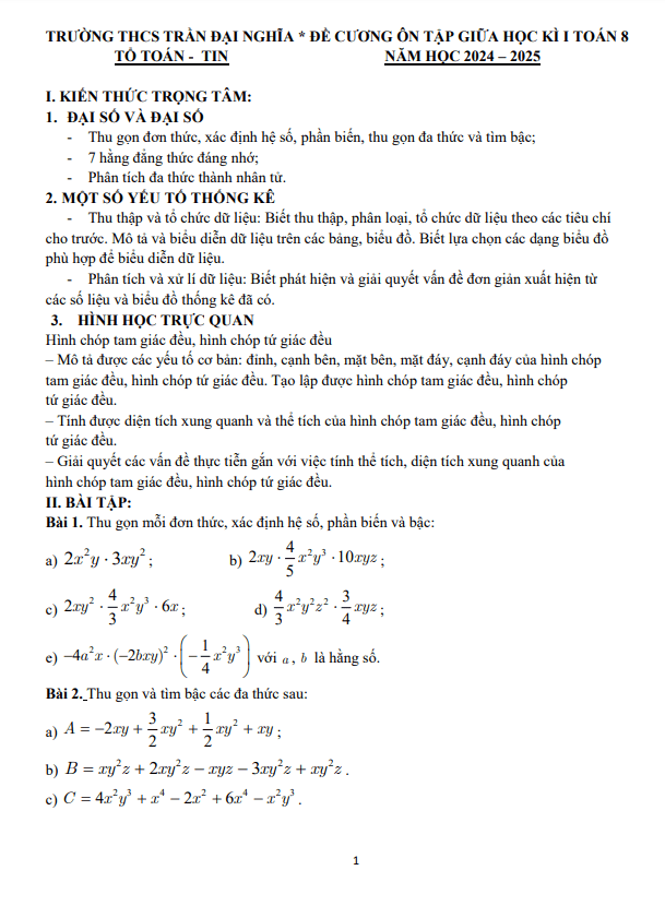 Đề cương giữa học kì 1 Toán 8 năm 2024 – 2025 trường THCS Trần Đại Nghĩa – BR VT