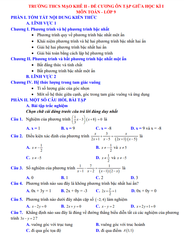 Đề cương giữa học kì 1 Toán 9 năm 2024 – 2025 trường THCS Mạo Khê 2 – Quảng Ninh