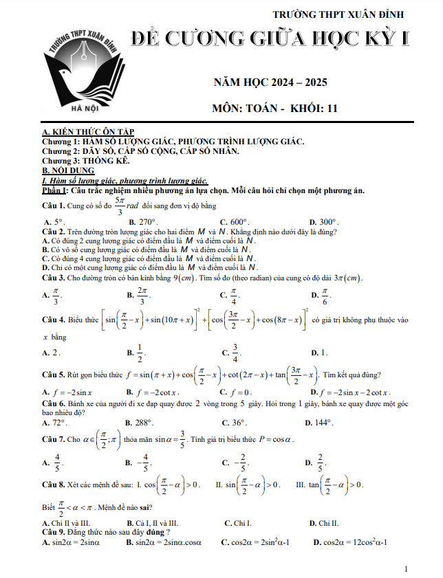 Đề cương giữa học kỳ 1 Toán 11 năm 2024 – 2025 trường THPT Xuân Đỉnh – Hà Nội