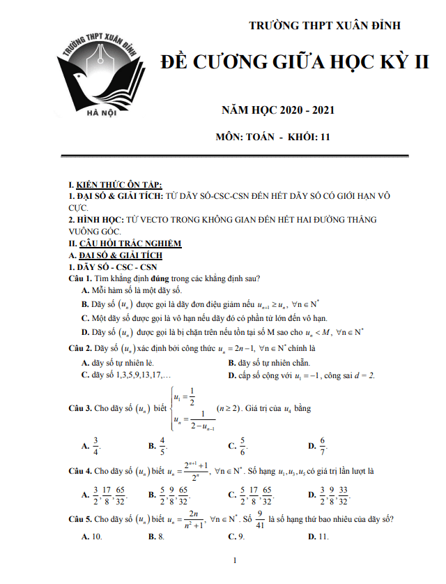 Đề cương giữa học kỳ 2 Toán 11 năm 2020 – 2021 trường THPT Xuân Đỉnh – Hà Nội
