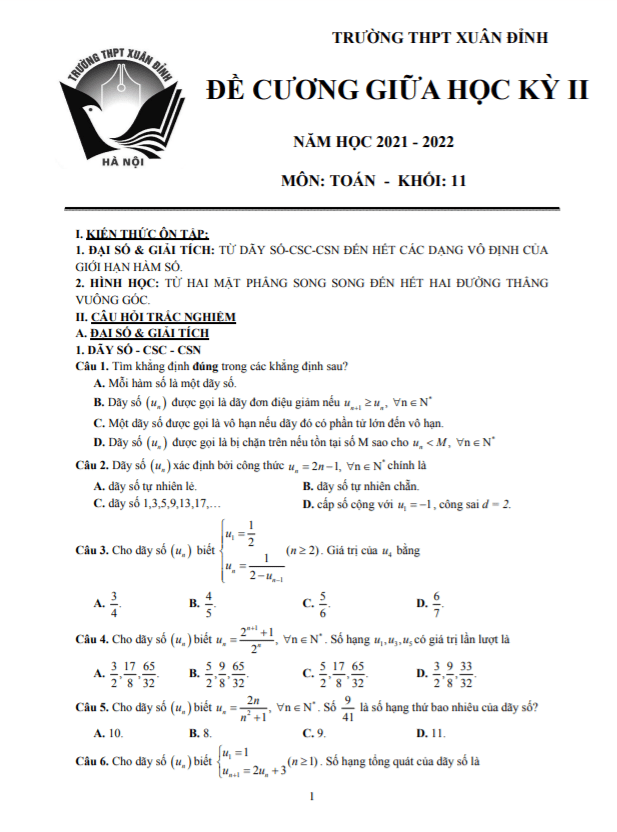 Đề cương giữa học kỳ 2 Toán 11 năm 2021 – 2022 trường THPT Xuân Đỉnh – Hà Nội