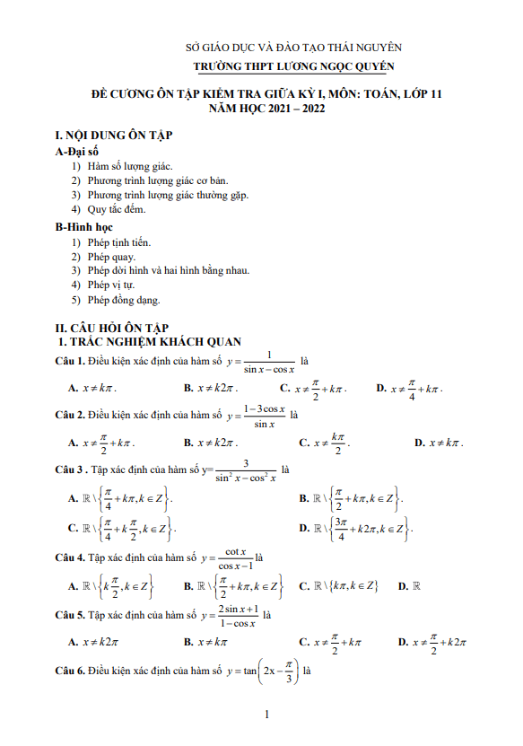 Đề cương giữa kì 1 Toán 11 năm 2021 – 2022 trường THPT Lương Ngọc Quyến – Thái Nguyên