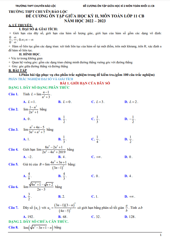 Đề cương giữa kì 2 Toán 11 năm 2022 – 2023 trường chuyên Bảo Lộc – Lâm Đồng