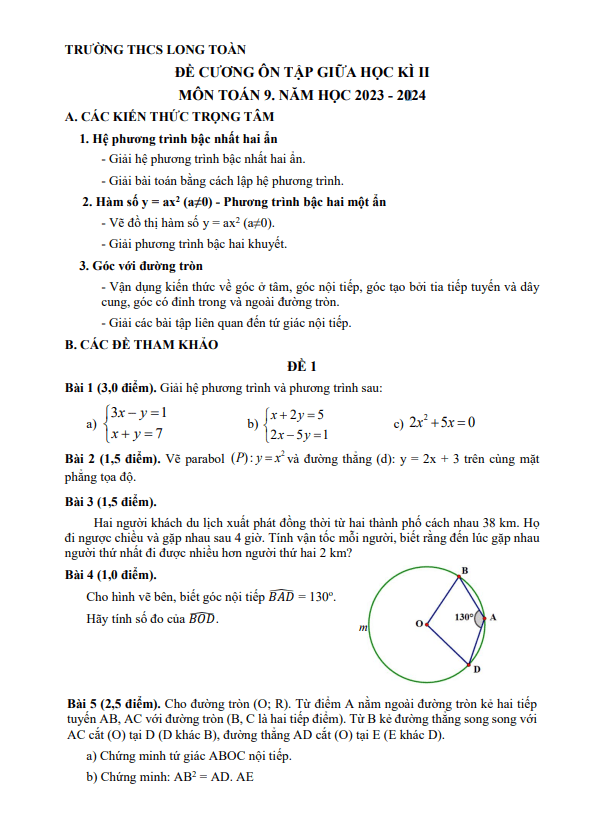 Đề cương giữa kì 2 Toán 9 năm 2023 – 2024 trường THCS Long Toàn – BR VT
