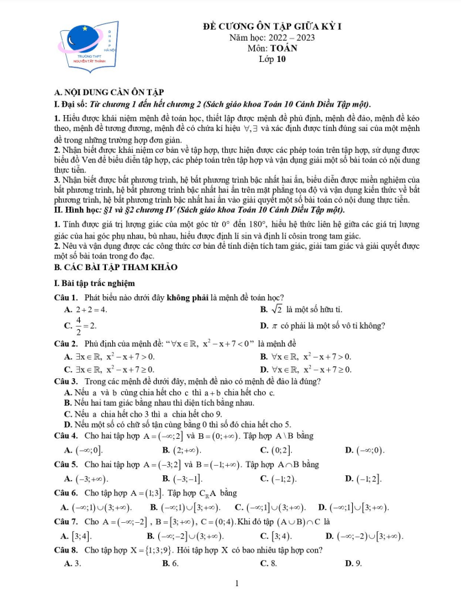 Đề cương giữa kỳ 1 Toán 10 năm 2022 – 2023 THPT Nguyễn Tất Thành – Hà Nội