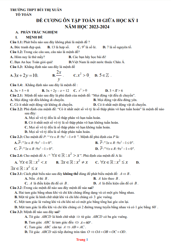 Đề cương giữa kỳ 1 Toán 10 năm 2023 – 2024 trường Bùi Thị Xuân – Lâm Đồng