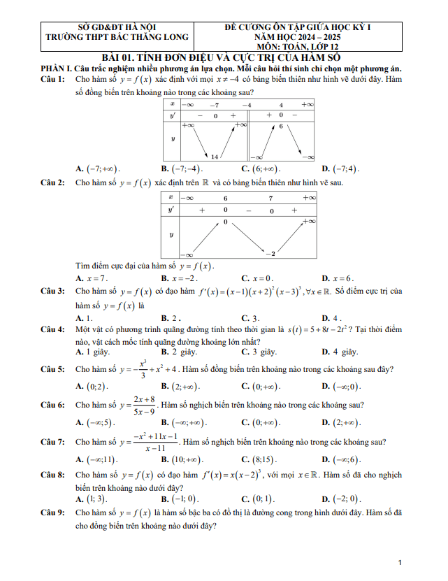 Đề cương giữa kỳ 1 Toán 12 năm 2024 – 2025 trường THPT Bắc Thăng Long – Hà Nội