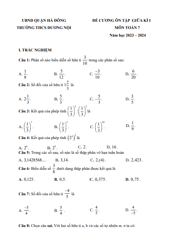 Đề cương giữa kỳ 1 Toán 7 năm 2023 – 2024 trường THCS Dương Nội – Hà Nội