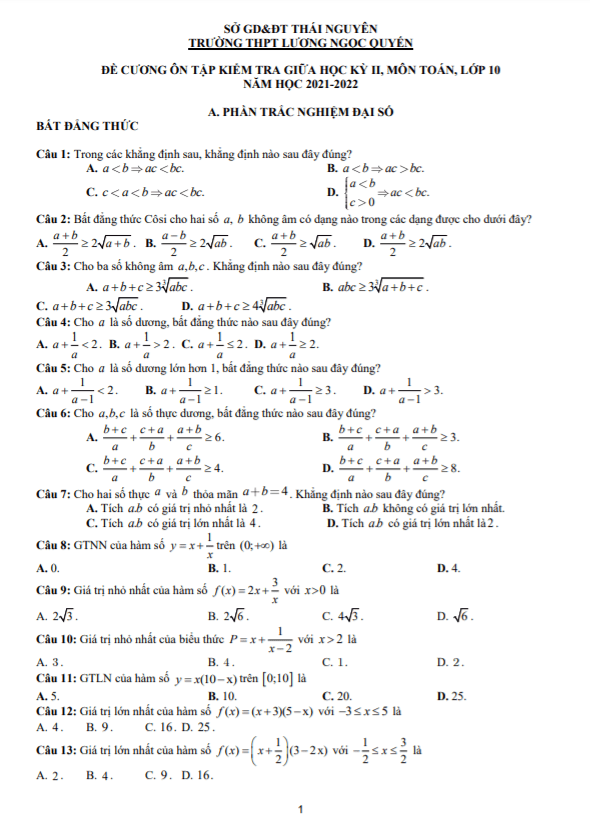 Đề cương giữa kỳ 2 Toán 10 năm 2021 – 2022 trường Lương Ngọc Quyến – Thái Nguyên
