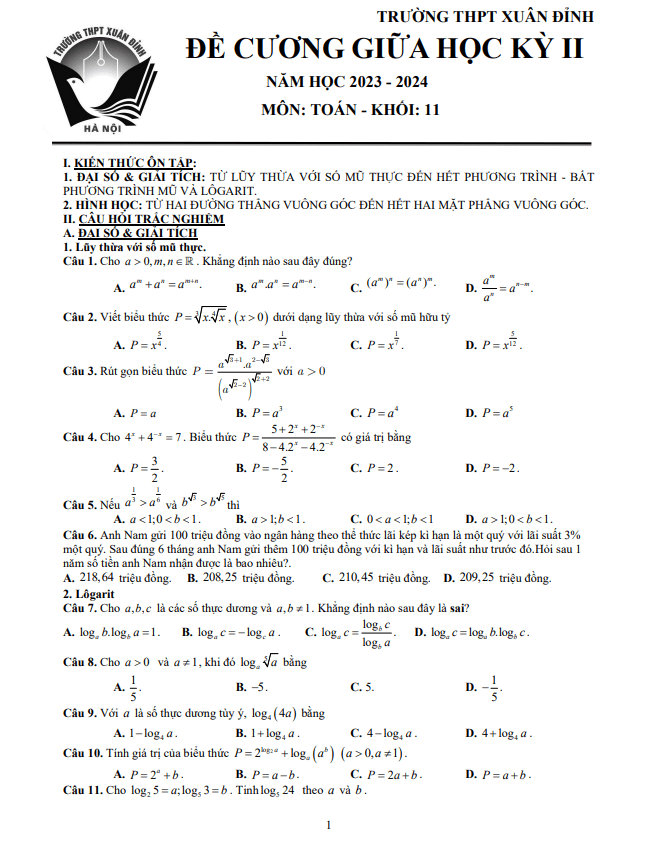 Đề cương giữa kỳ 2 Toán 11 năm 2023 – 2024 trường THPT Xuân Đỉnh – Hà Nội