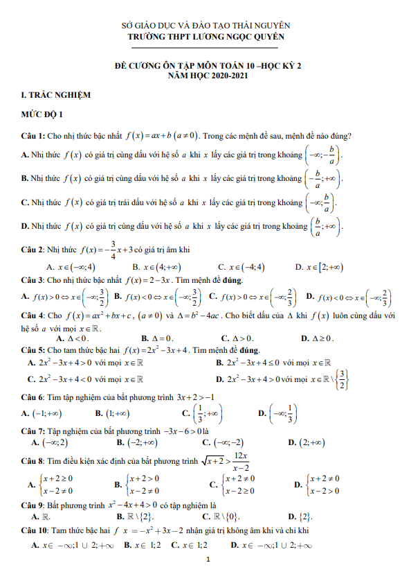 Đề cương HK2 Toán 10 năm 2020 – 2021 trường Lương Ngọc Quyến – Thái Nguyên
