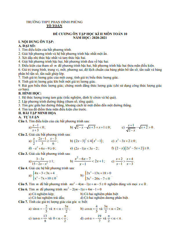 Đề cương HK2 Toán 10 năm 2020 – 2021 trường Phan Đình Phùng – Quảng Bình