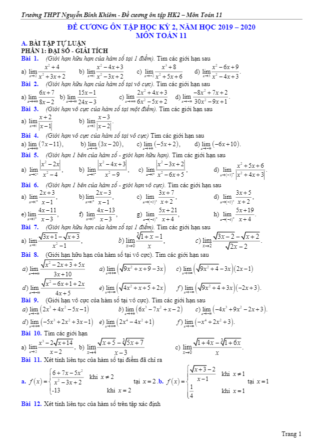 Đề cương HK2 Toán 11 năm 2019 – 2020 trường Nguyễn Bỉnh Khiêm – Gia Lai