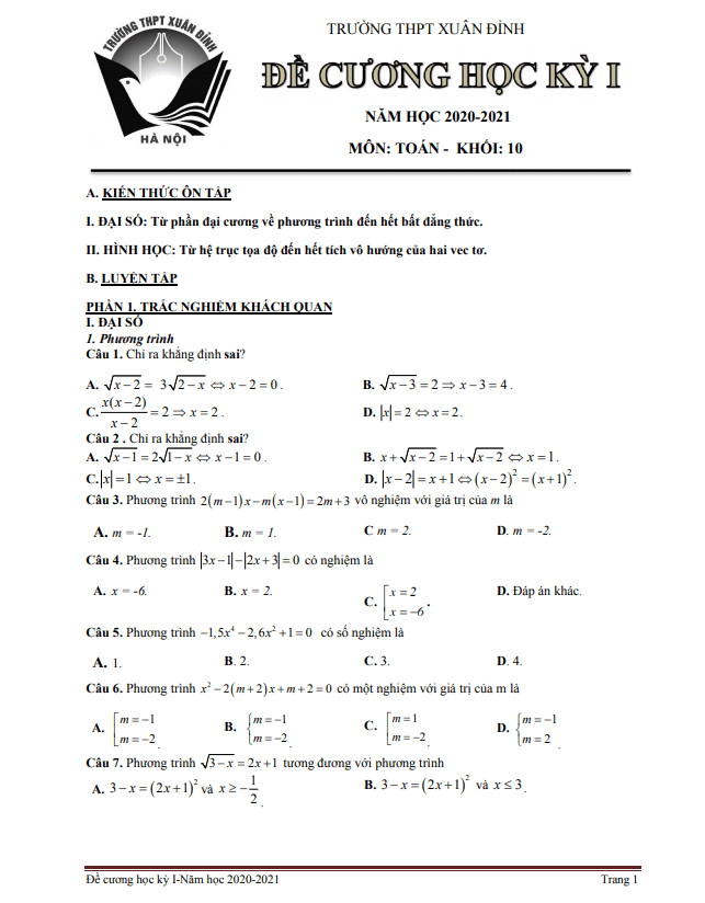 Đề cương học kỳ 1 Toán 10 năm 2020 – 2021 trường THPT Xuân Đỉnh – Hà Nội