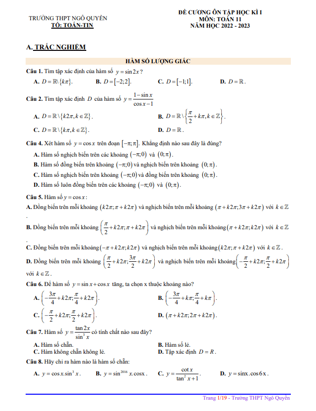 Đề cương học kỳ 1 Toán 11 năm 2022 – 2023 trường THPT Ngô Quyền – Đà Nẵng
