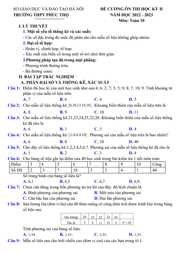 Đề cương học kỳ 2 Toán 10 năm 2022 – 2023 trường THPT Phúc Thọ – Hà Nội