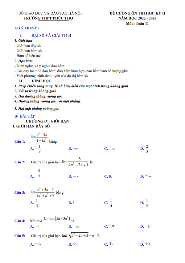 Đề cương học kỳ 2 Toán 11 năm 2022 – 2023 trường THPT Phúc Thọ – Hà Nội