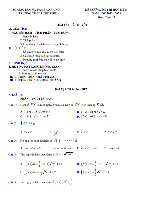 Đề cương học kỳ 2 Toán 12 năm 2022 – 2023 trường THPT Phúc Thọ – Hà Nội