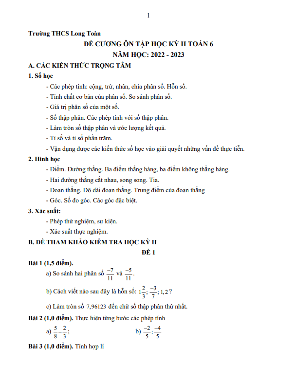 Đề cương học kỳ 2 Toán 6 năm 2022 – 2023 trường THCS Long Toàn – BR VT