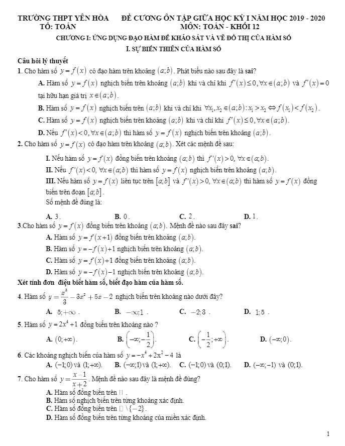Đề cương ôn tập giữa HK1 Toán 12 năm 2019 – 2020 trường Yên Hòa – Hà Nội