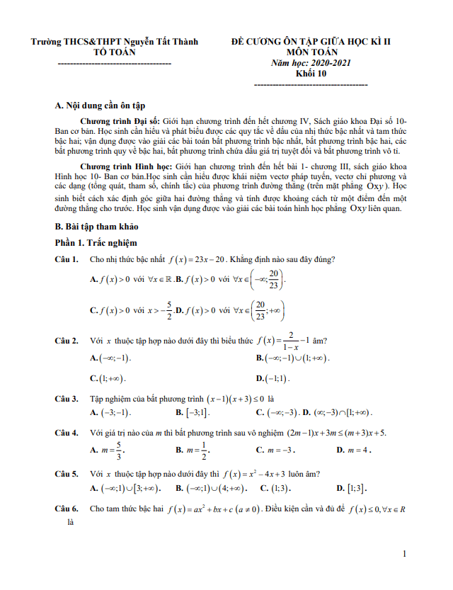 Đề cương ôn tập giữa HK2 Toán 10 năm 2020 – 2021 trường Nguyễn Tất Thành – Hà Nội