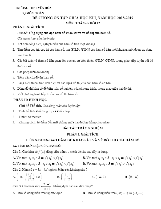 Đề cương ôn tập giữa học kỳ 1 Toán 12 năm 2018 – 2019 trường THPT Yên Hòa – Hà Nội