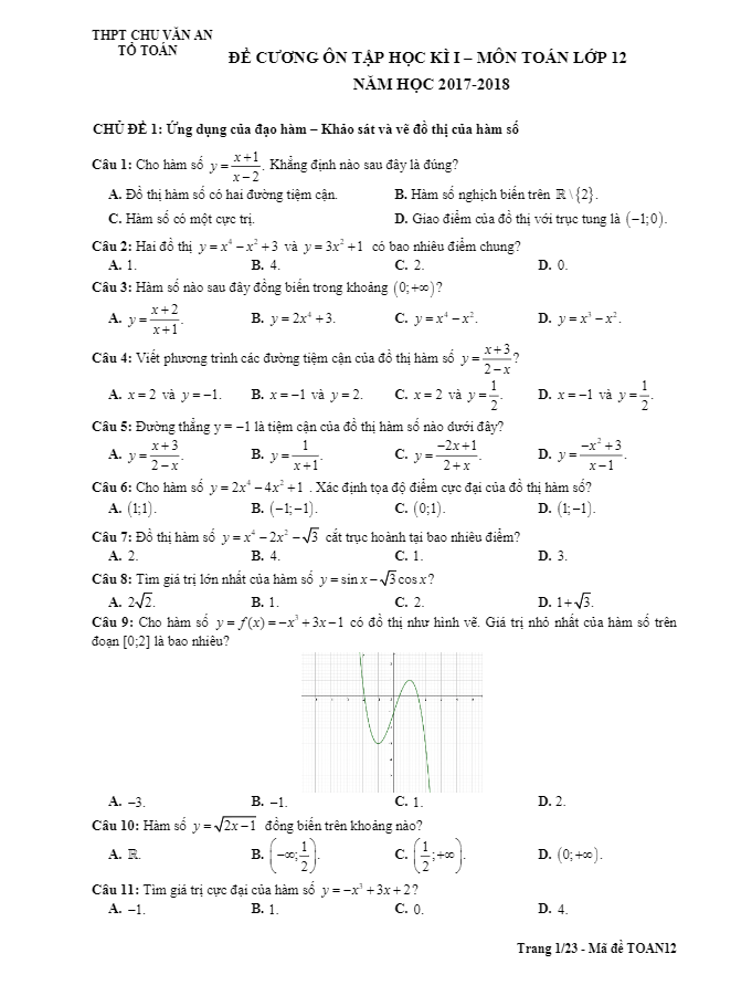 Đề cương ôn tập HK1 môn Toán 12 năm học 2017 – 2018 trường THPT Chu Văn An – Hà Nội