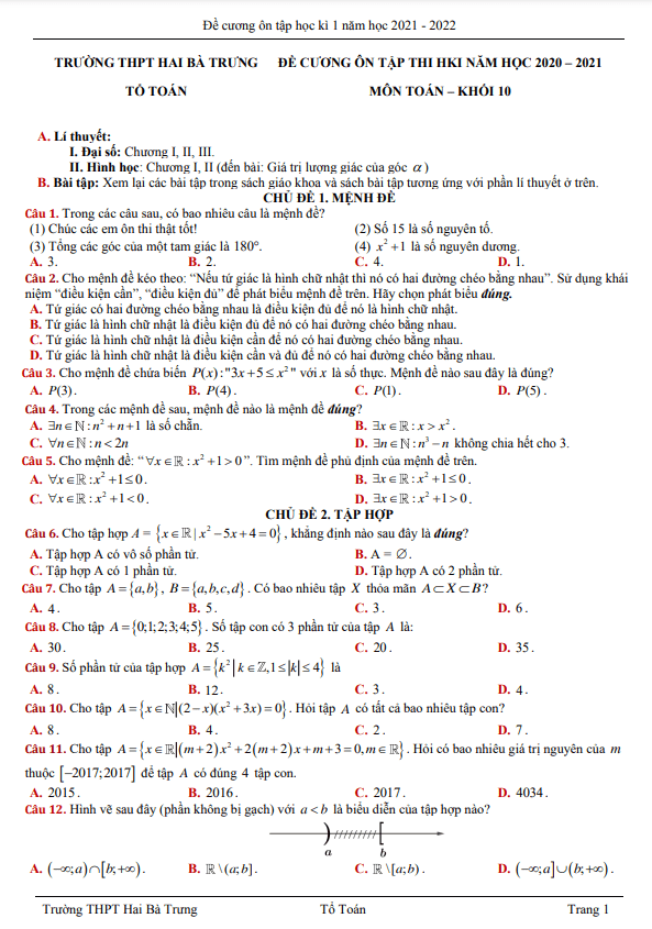 Đề cương ôn tập HK1 Toán 10 năm 2021 – 2022 trường Hai Bà Trưng – TT Huế