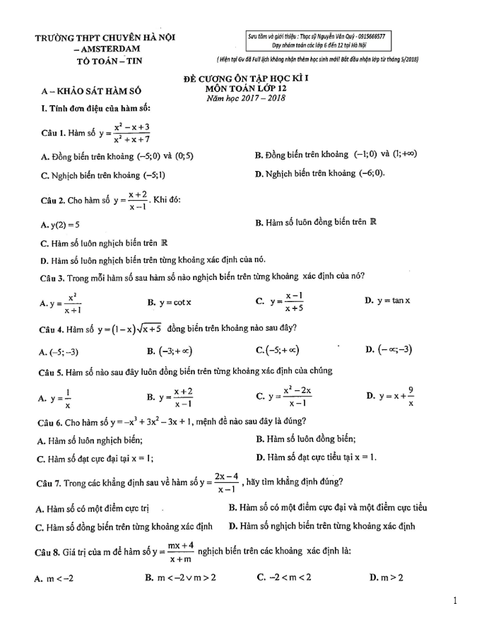 Đề cương ôn tập HK1 Toán 12 năm học 2017 – 2018 trường THPT chuyên Hà Nội – Amsterdam