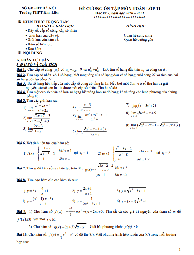 Đề cương ôn tập HK2 Toán 11 năm 2020 – 2021 trường THPT Kim Liên – Hà Nội
