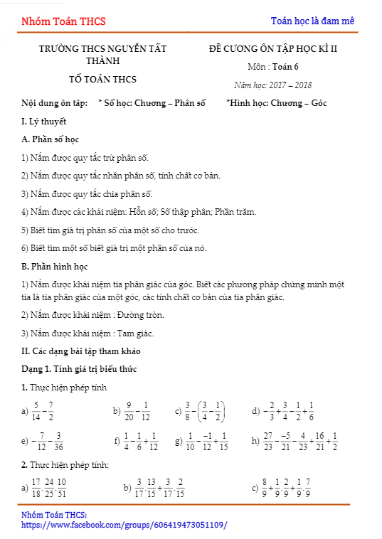 Đề cương ôn tập HK2 Toán 6 năm 2017 – 2018 trường Nguyễn Tất Thành – Hà Nội