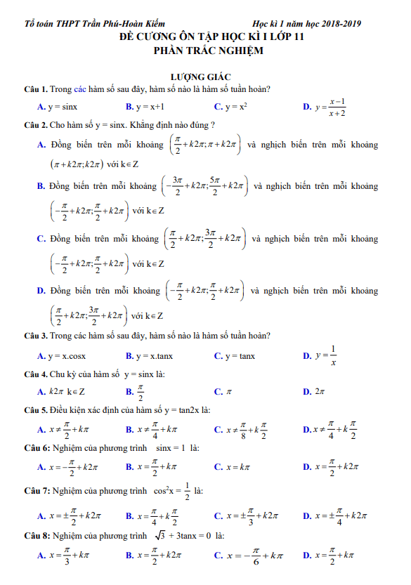 Đề cương ôn tập học kì 1 Toán 11 năm 2018 – 2019 trường THPT Trần Phú – Hà Nội