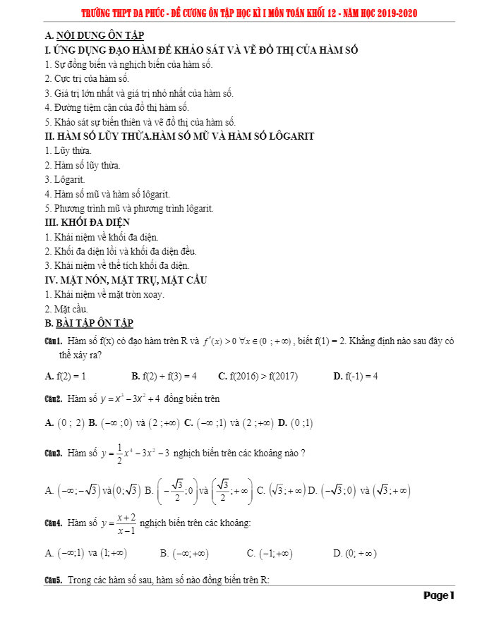 Đề cương ôn tập học kì 1 Toán 12 năm 2019 – 2020 trường Đa Phúc – Hà Nội